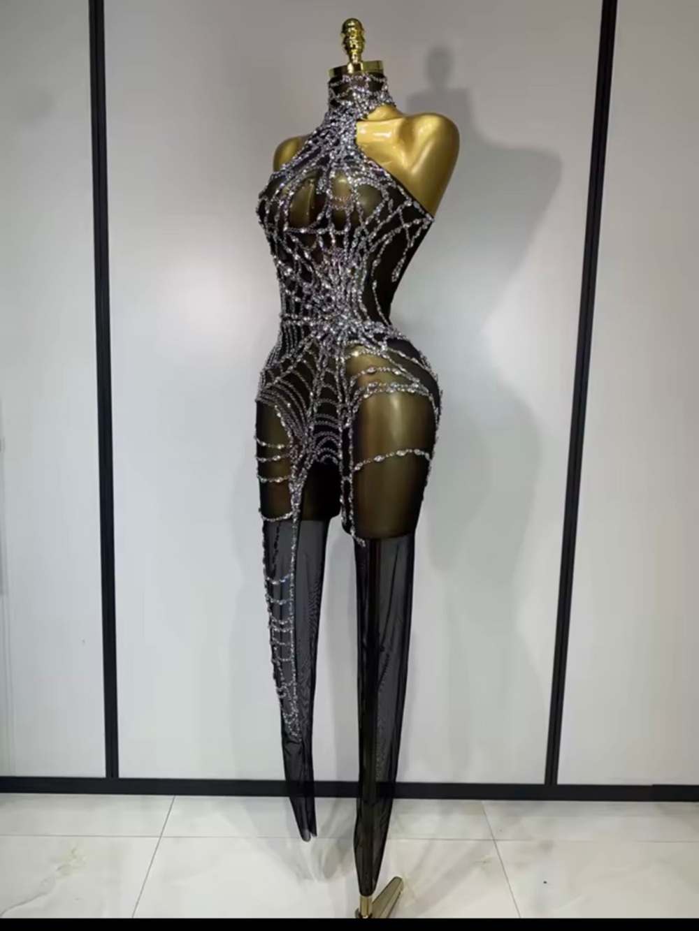 Black Sheer Crystal Web Bodysuit